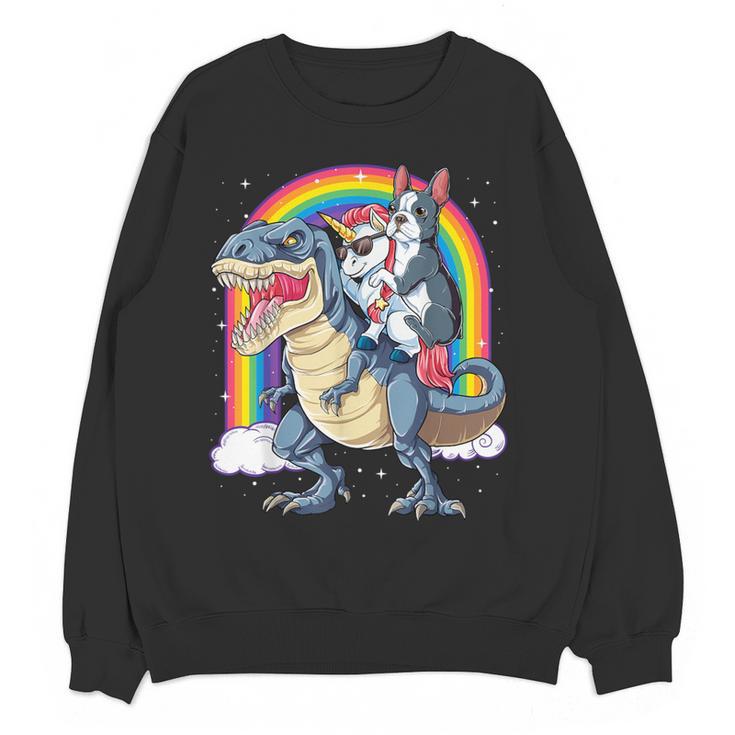 Boston Terrier Unicorn Riding Dinosaur T-Rex Girls Rainbow Women Crewneck Sweatshirt, novelty gifts, funny gifts