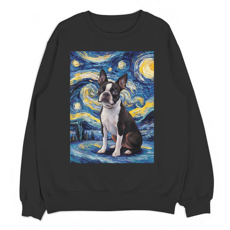 Boston Terrier Van Gogh Starry Night Women Crewneck Sweatshirt, novelty gifts, funny gifts