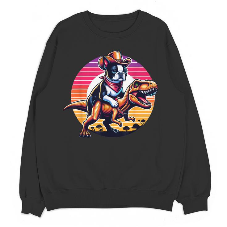 Boston Terrier Wearing A Cowboy Hat On T-Rex Women Crewneck Sweatshirt, novelty gifts, funny gifts