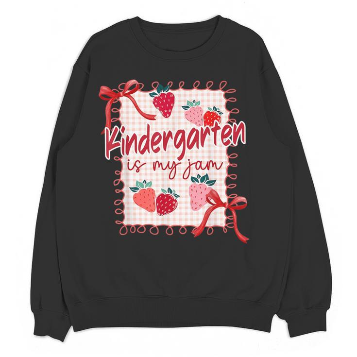 Bow Strawberry Kindergarten Is My Jam Teacher Kinder Team Women Crewneck Sweatshirt, novelty gifts, funny gifts Bow Strawberry Kindergarten Is My Jam Teacher Kinder Team Women Crewneck Sweatshirt, novelty gifts, funny gifts