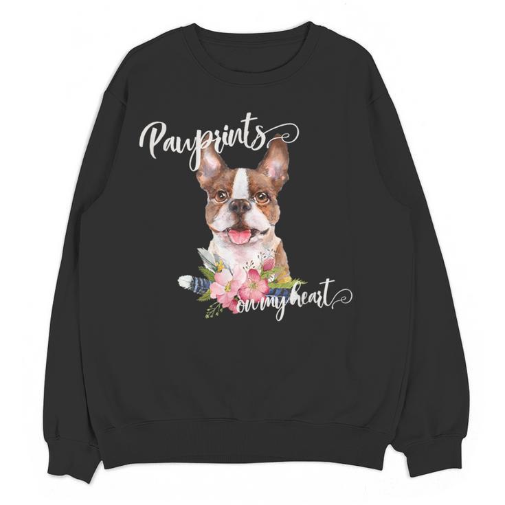Brown Boston Terrier With Flowers And Feathers Women Crewneck Sweatshirt, novelty gifts, funny gifts