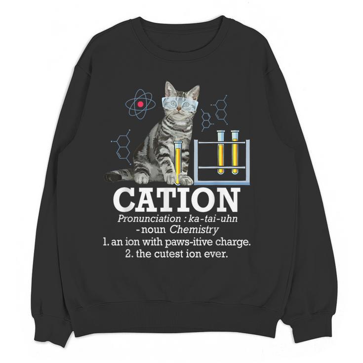 Cation Chemistry Humor Science Teacher Cat Pun Women Crewneck Sweatshirt, novelty gifts, funny gifts