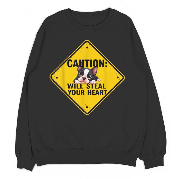 Caution Sign Boston Terrier Dog Bostie Puppy Women Crewneck Sweatshirt, novelty gifts, funny gifts