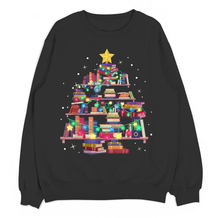Christmas Library Tree Love Reading Books Nerd Teacher Women Crewneck Sweatshirt, novelty gifts, funny gifts
