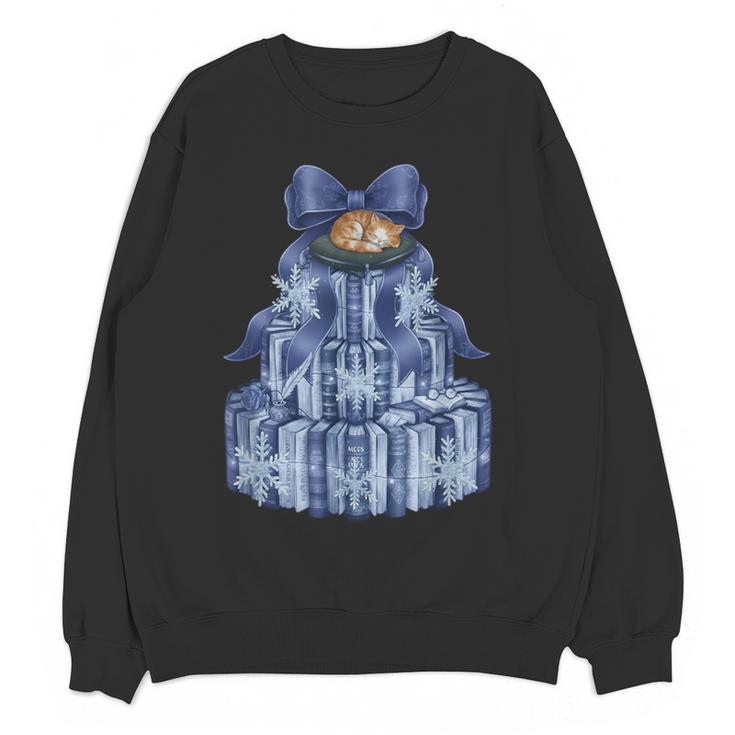 Coquette Bow Book Tree Merry Christmas Xmas Teacher Holiday Women Crewneck Sweatshirt, novelty gifts, funny gifts
