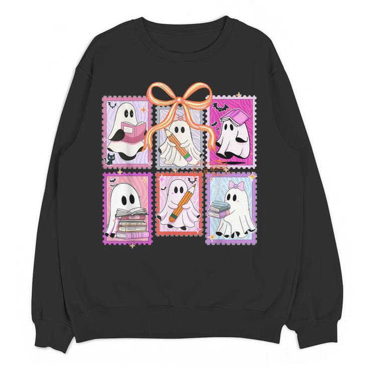 Coquette Bow Spooky Teacher Ghost Halloween Trick Or Teach Women Crewneck Sweatshirt, novelty gifts, funny gifts Coquette Bow Spooky Teacher Ghost Halloween Trick Or Teach Women Crewneck Sweatshirt, novelty gifts, funny gifts