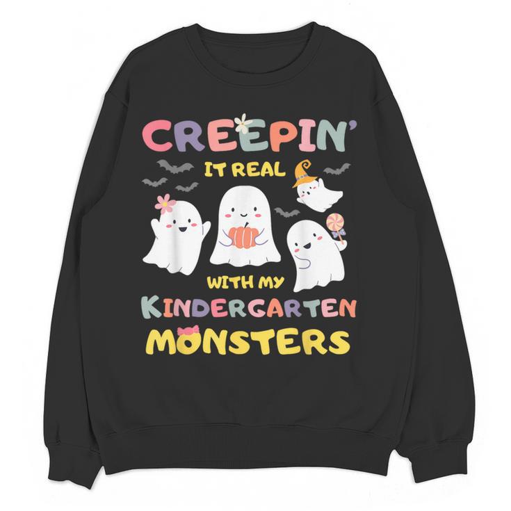 Creepin It Real With Kindergarten Monsters Halloween Teacher Women Crewneck Sweatshirt, novelty gifts, funny gifts