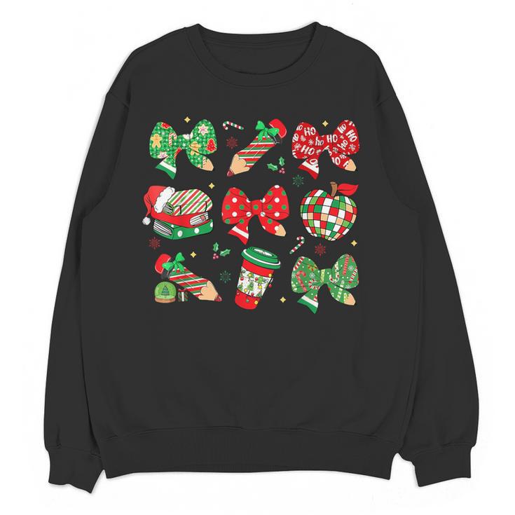 Cute Coquette Pencil Bow Christmas School Teacher Student Women Crewneck Sweatshirt, novelty gifts, funny gifts