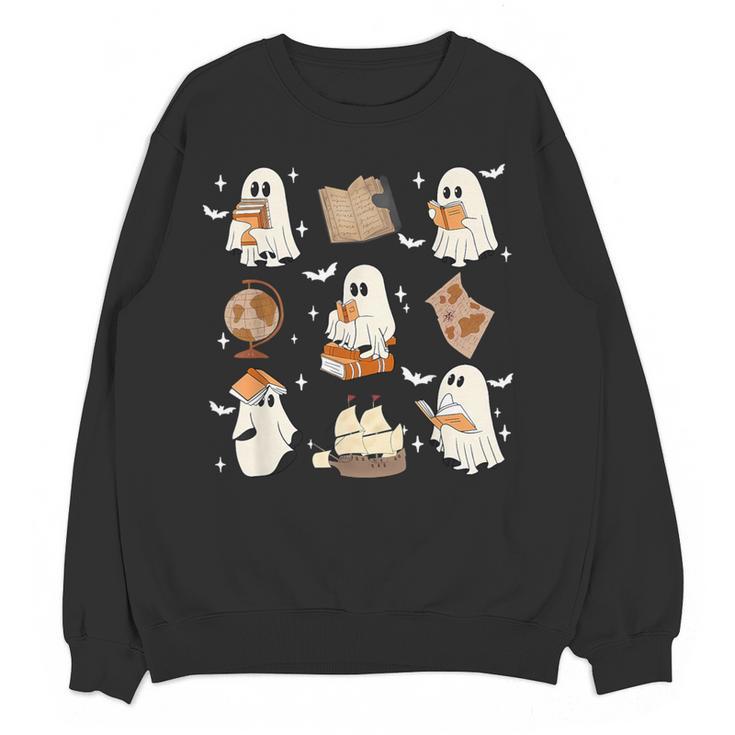 Cute Ghosts Reading Book Bookworm Halloween History Teacher Women Crewneck Sweatshirt, novelty gifts, funny gifts