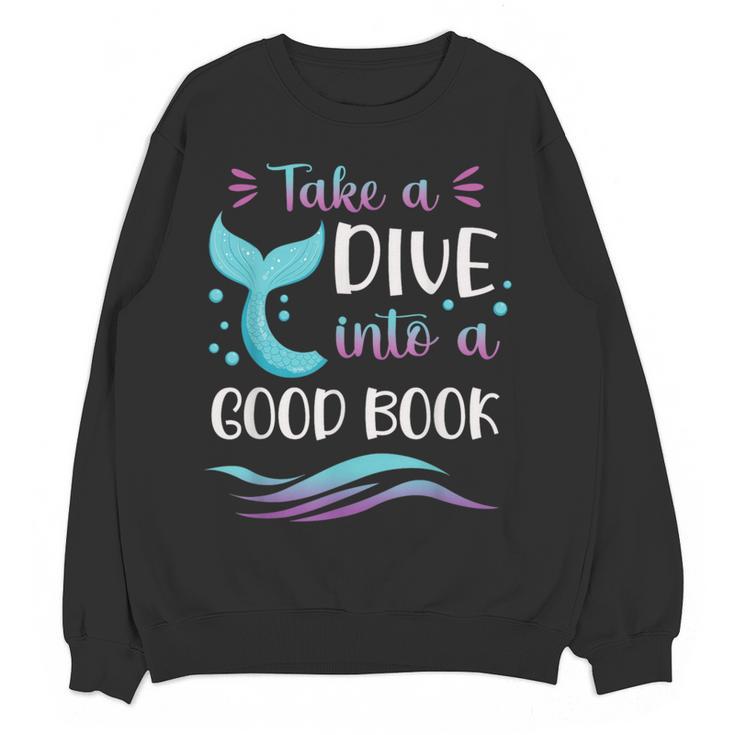 Cute Mermaid Librarian Teacher Dive Into A Good Book Reading Women Crewneck Sweatshirt, novelty gifts, funny gifts Cute Mermaid Librarian Teacher Dive Into A Good Book Reading Women Crewneck Sweatshirt, novelty gifts, funny gifts