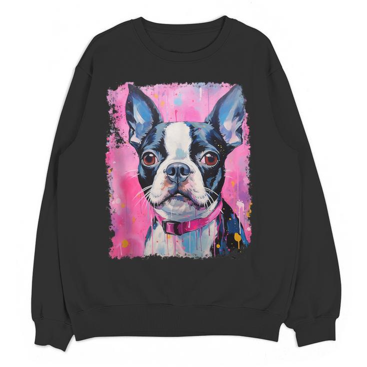 Dog Pink Boston Terrier Women Crewneck Sweatshirt, novelty gifts, funny gifts
