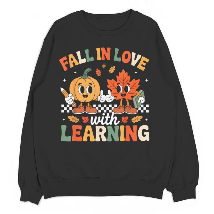 Fall In Love With Learning Shirt Autumn Thanksgiving Teacher Women Crewneck Sweatshirt, novelty gifts, funny gifts
