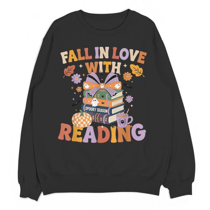 Fall In Love With Reading Halloween Stack Of Book Teacher Women Crewneck Sweatshirt, novelty gifts, funny gifts Fall In Love With Reading Halloween Stack Of Book Teacher Women Crewneck Sweatshirt, novelty gifts, funny gifts