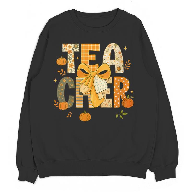 Fall Teacher Pumpkin Coquette Bow Autumn Classroom Women Crewneck Sweatshirt, novelty gifts, funny gifts