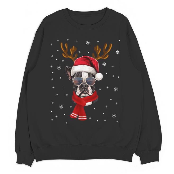 Family Matching Reindeer Xmas Boston Terrier Christmas Women Crewneck Sweatshirt, novelty gifts, funny gifts