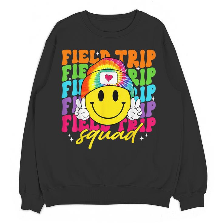 Field Trip Squad Groovy Field Day Smile Face Teacher Tie Dye Women Crewneck Sweatshirt, novelty gifts, funny gifts