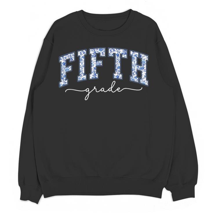 Fifth Grade Coquette Toile Blue Bow Floral Women Teacher Women Crewneck Sweatshirt, novelty gifts, funny gifts Fifth Grade Coquette Toile Blue Bow Floral Women Teacher Women Crewneck Sweatshirt, novelty gifts, funny gifts