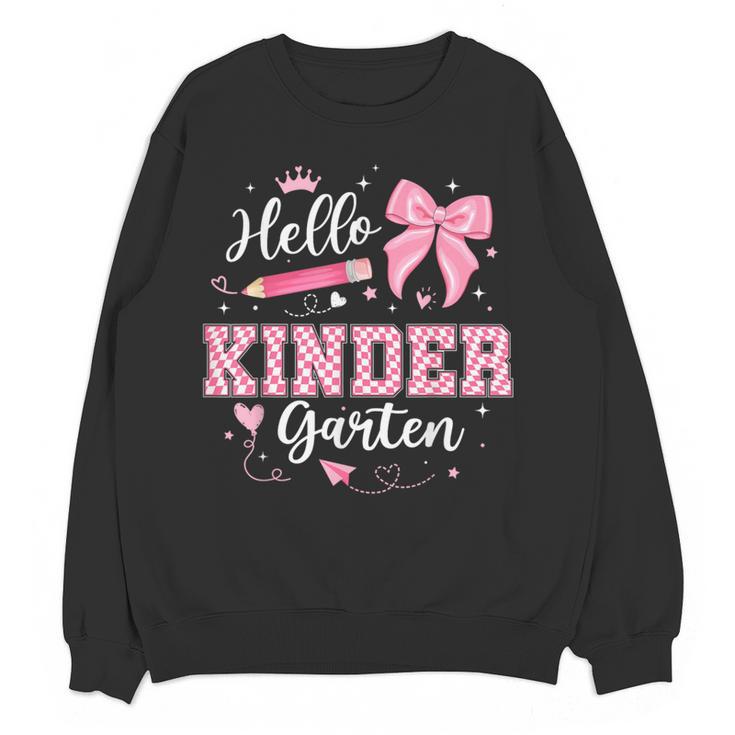 First Day Of School Teacher Girl Coquette Hello Kindergarten Women Crewneck Sweatshirt, novelty gifts, funny gifts
