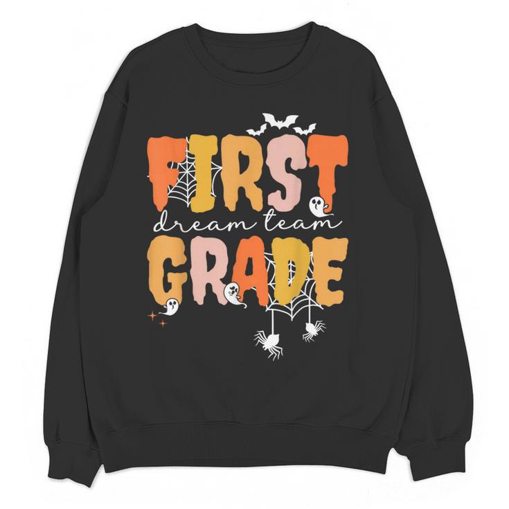 First Grade Dream Retro Team Fall Halloween Spooky Teachers Women Crewneck Sweatshirt, novelty gifts, funny gifts
