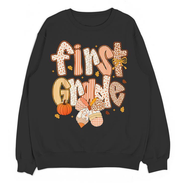 First Grade Fall Floral Coquette Bow Teachers Students Women Crewneck Sweatshirt, novelty gifts, funny gifts First Grade Fall Floral Coquette Bow Teachers Students Women Crewneck Sweatshirt, novelty gifts, funny gifts
