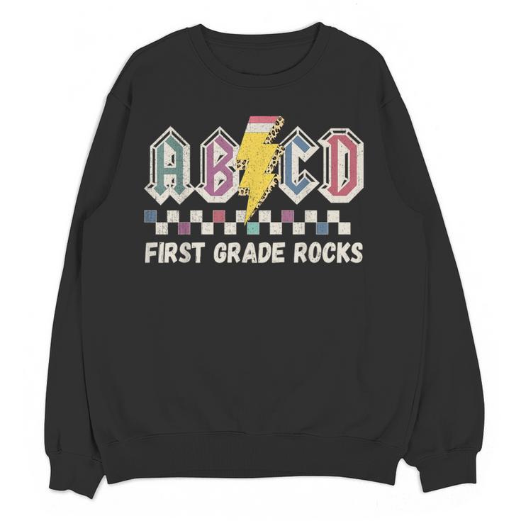First Grade Rocks Teachers Back To School ABCD Rock Students Women Crewneck Sweatshirt, novelty gifts, funny gifts