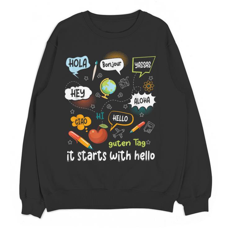 Friendship Inclusion Language Teacher It Starts With Hello Women Crewneck Sweatshirt, novelty gifts, funny gifts Friendship Inclusion Language Teacher It Starts With Hello Women Crewneck Sweatshirt, novelty gifts, funny gifts