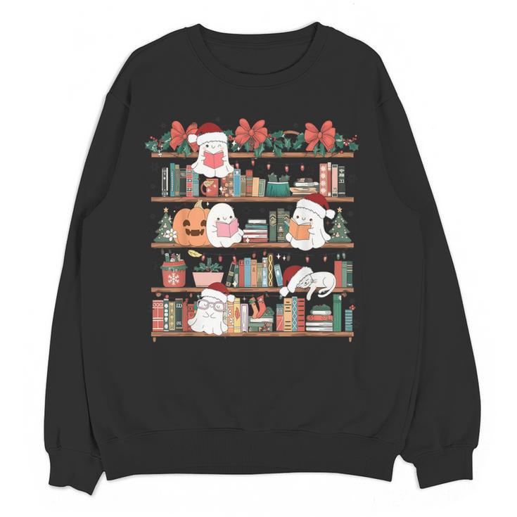 Ghost Christmas Reading Book Lover Library Christmas Teacher Women Crewneck Sweatshirt, novelty gifts, funny gifts