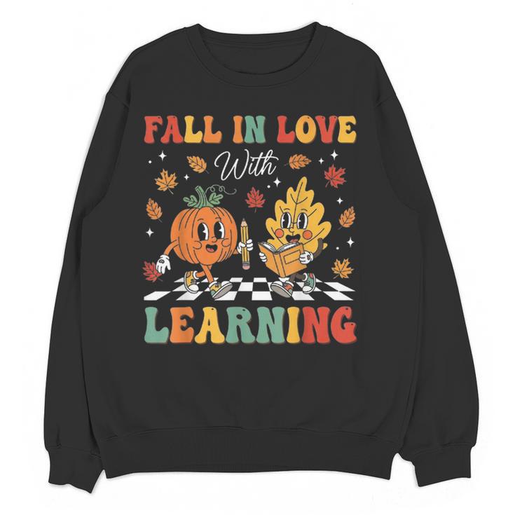 Groovy Fall In Love With Learning Autumn Pumpkin Teacher Women Crewneck Sweatshirt, novelty gifts, funny gifts