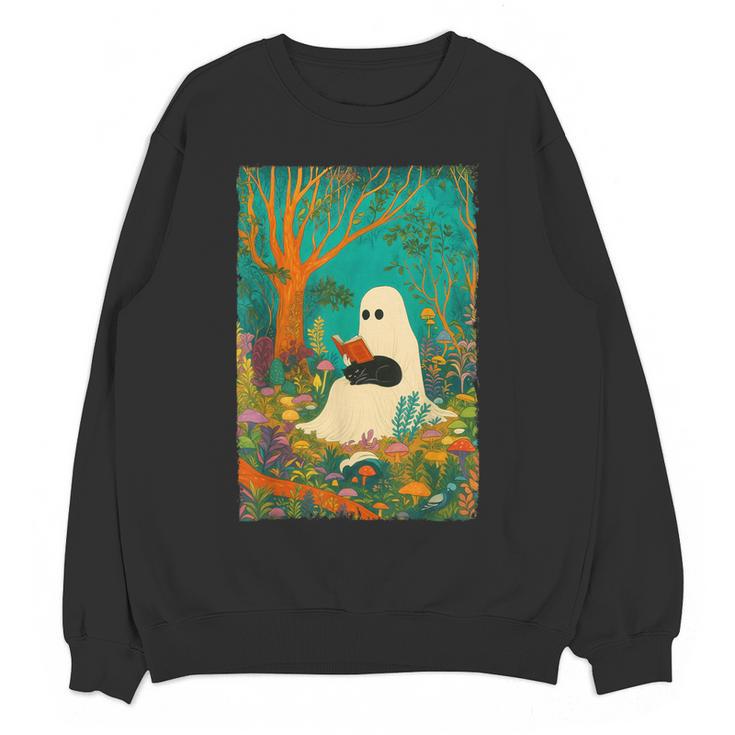 Groovy Ghost Reading Book Cat Halloween Ghost Teacher Women Crewneck Sweatshirt, novelty gifts, funny gifts Groovy Ghost Reading Book Cat Halloween Ghost Teacher Women Crewneck Sweatshirt, novelty gifts, funny gifts