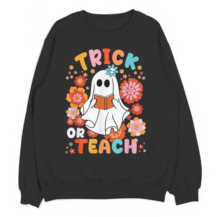 Groovy Halloween Trick Or Teach Retro Floral Ghost Teacher For Men Women Kids Women Crewneck Sweatshirt, novelty gifts, funny gifts Groovy Halloween Trick Or Teach Retro Floral Ghost Teacher For Men Women Kids Women Crewneck Sweatshirt, novelty gifts, funny gifts