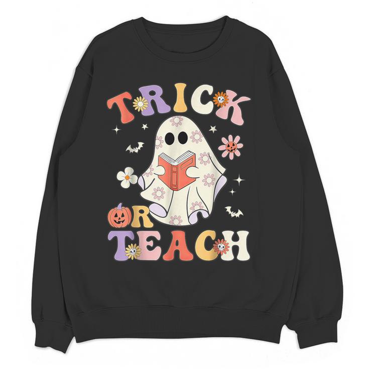 Groovy Halloween Trick Or Teach Retro Floral Ghost Teacher Women Crewneck Sweatshirt, novelty gifts, funny gifts Groovy Halloween Trick Or Teach Retro Floral Ghost Teacher Women Crewneck Sweatshirt, novelty gifts, funny gifts