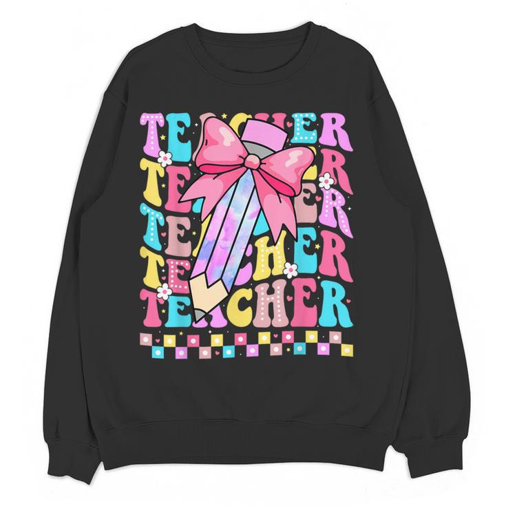 Groovy Teacher Cute Coquette Bow Flower Retro Back To School Women Crewneck Sweatshirt, novelty gifts, funny gifts Groovy Teacher Cute Coquette Bow Flower Retro Back To School Women Crewneck Sweatshirt, novelty gifts, funny gifts