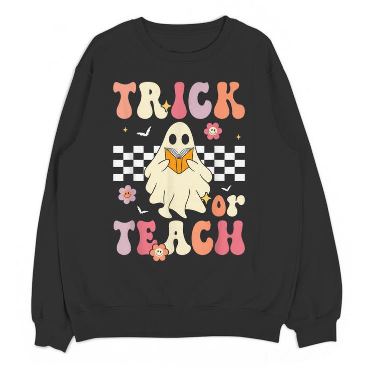 Groovy Teacher Halloween Retro Trick Or Teach Floral Ghost Women Crewneck Sweatshirt, novelty gifts, funny gifts Groovy Teacher Halloween Retro Trick Or Teach Floral Ghost Women Crewneck Sweatshirt, novelty gifts, funny gifts