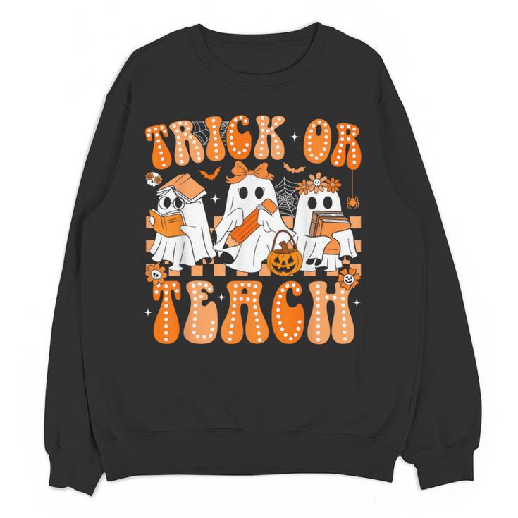 Groovy Teacher Halloween Trick Or Teach Ghost Men Women Kids Women Crewneck Sweatshirt, novelty gifts, funny gifts