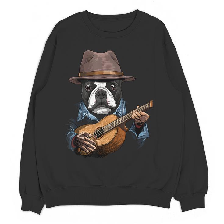 Guitar Shirt Boston Terrier Dog Playing Acoustic Guitar Women Crewneck Sweatshirt, novelty gifts, funny gifts