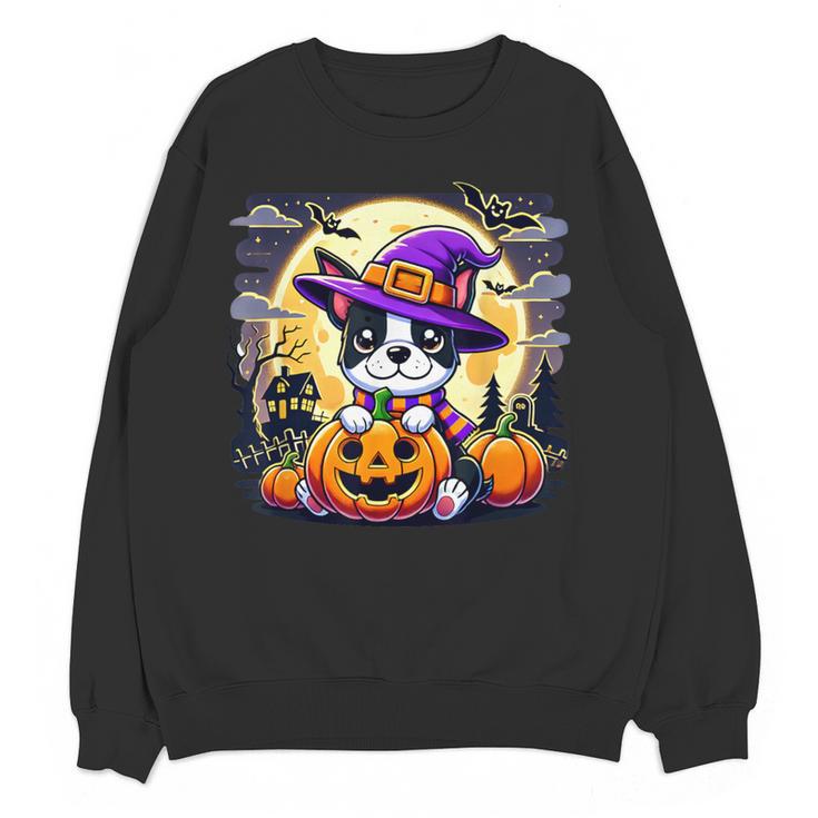 Halloween Boston Terrier Dog Breed With Jack O' Lantern Art Women Crewneck Sweatshirt, novelty gifts, funny gifts