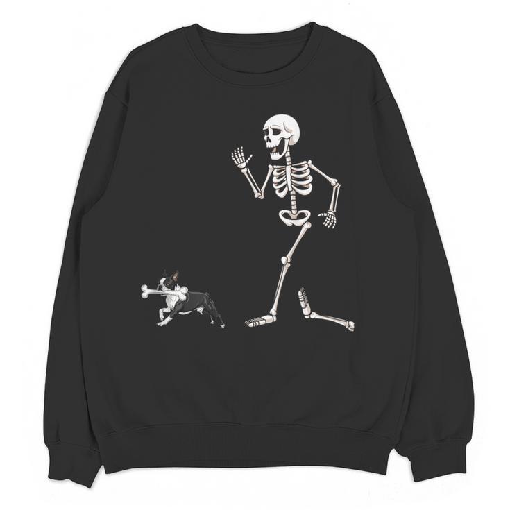 Halloween Boston Terrier And Skeleton Women Crewneck Sweatshirt, novelty gifts, funny gifts