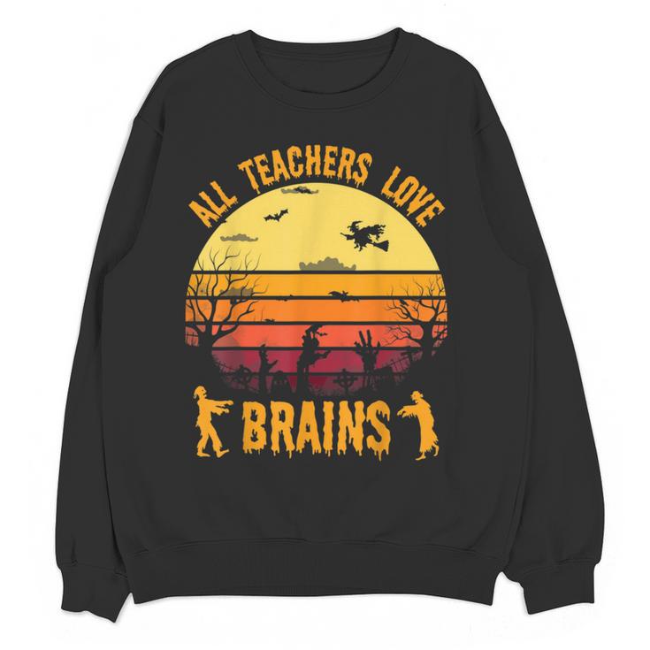 Halloween Costume Teacher Love Brains Zombie Women Crewneck Sweatshirt, novelty gifts, funny gifts