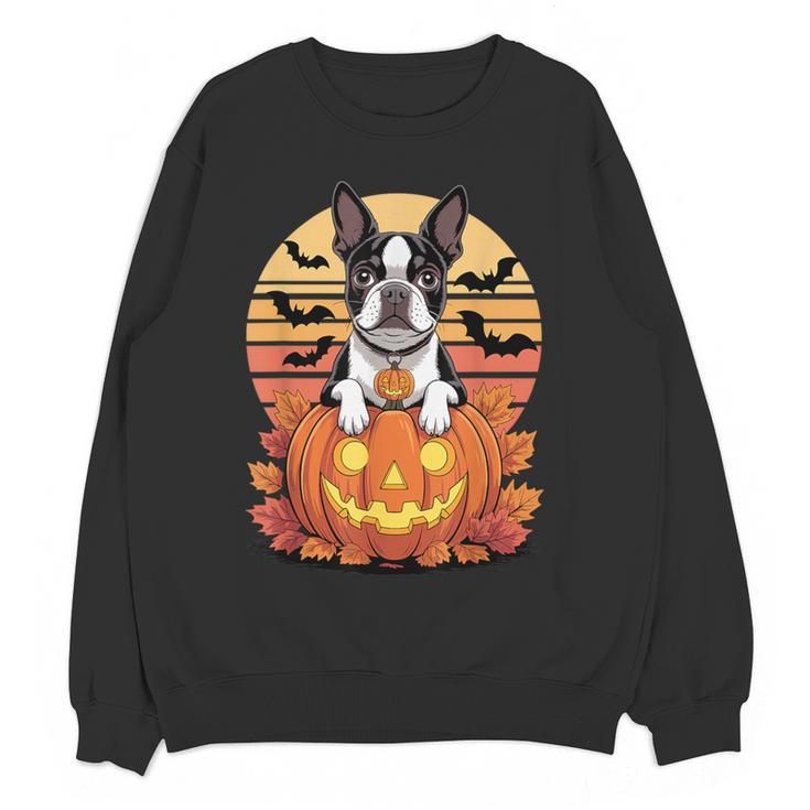 Halloween Retro Boston Terrier Women Crewneck Sweatshirt, novelty gifts, funny gifts