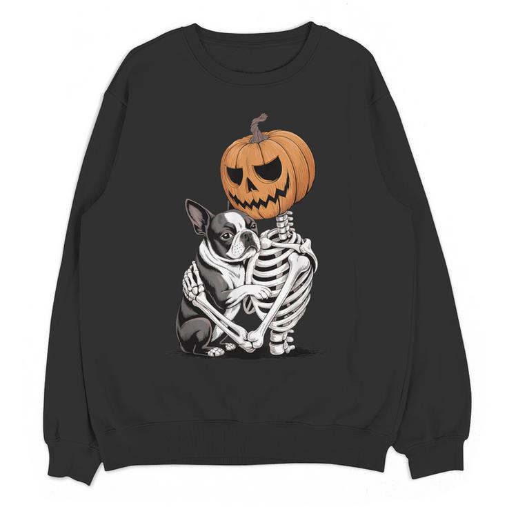 Halloween Skeleton Boston Terrier Women Crewneck Sweatshirt, novelty gifts, funny gifts
