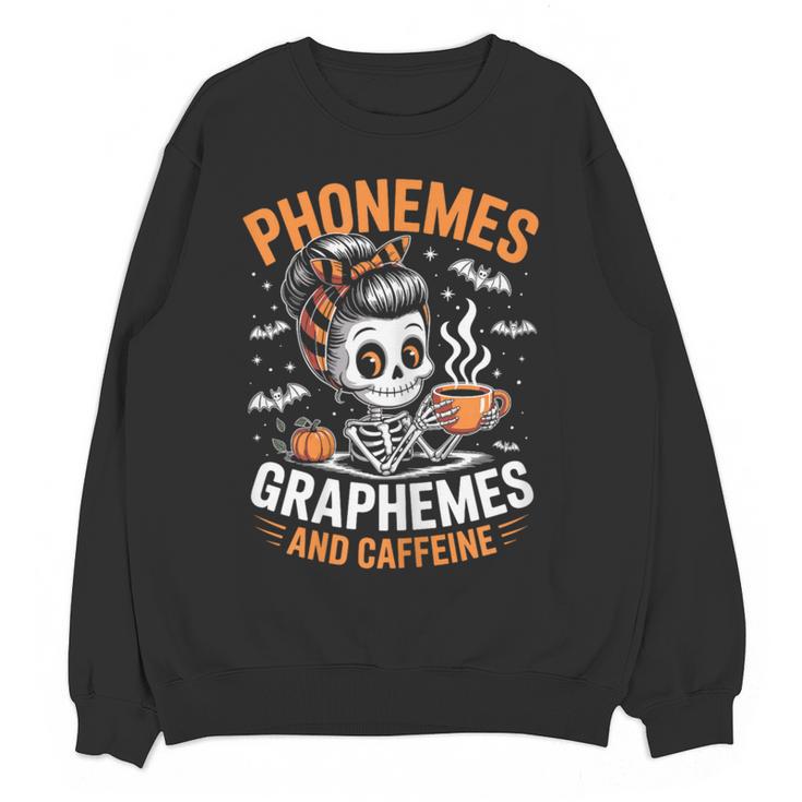 Halloween Skeleton Teacher Phonemes Graphemes Caffeine Lover Women Crewneck Sweatshirt, novelty gifts, funny gifts