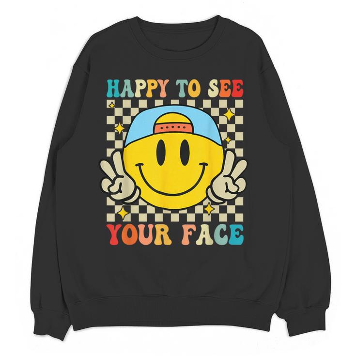 Happy To See Your Face Hippie Smile Back To School Teachers Women Crewneck Sweatshirt, novelty gifts, funny gifts