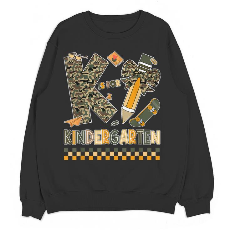 K Is For Kindergarten Teacher Coquette Bow Camo Women Crewneck Sweatshirt, novelty gifts, funny gifts K Is For Kindergarten Teacher Coquette Bow Camo Women Crewneck Sweatshirt, novelty gifts, funny gifts