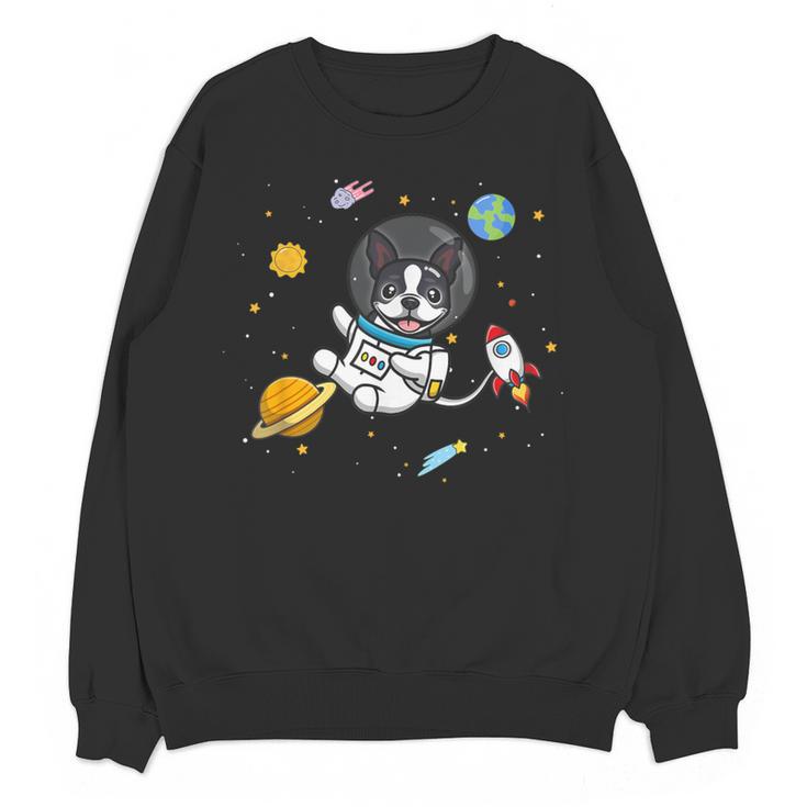 Kawaii Kids & Boys Astronaut Space Boston Terrier Dog Lover Women Crewneck Sweatshirt, novelty gifts, funny gifts