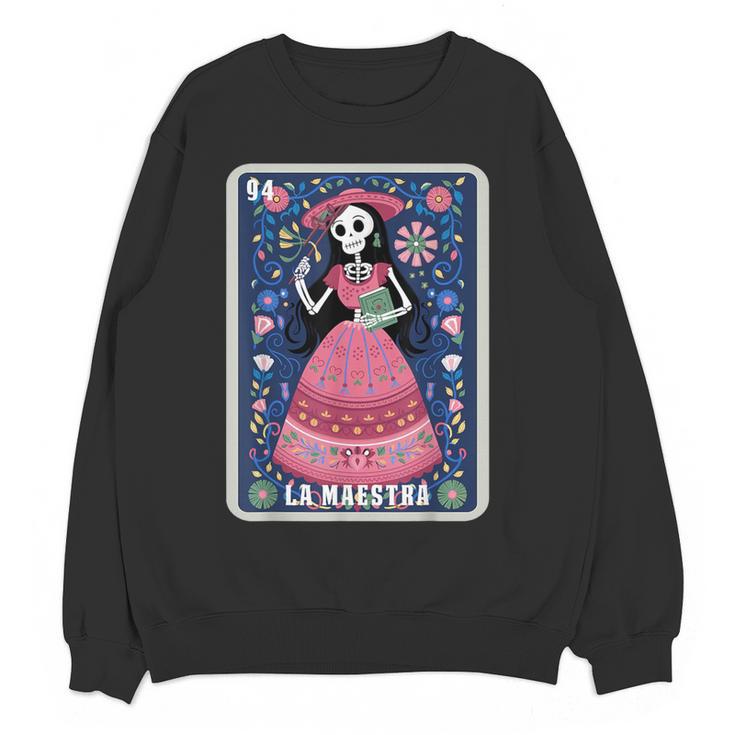 La Maestra Halloween Mexican Bingo Card Teacher Lottery Card Women Crewneck Sweatshirt, novelty gifts, funny gifts