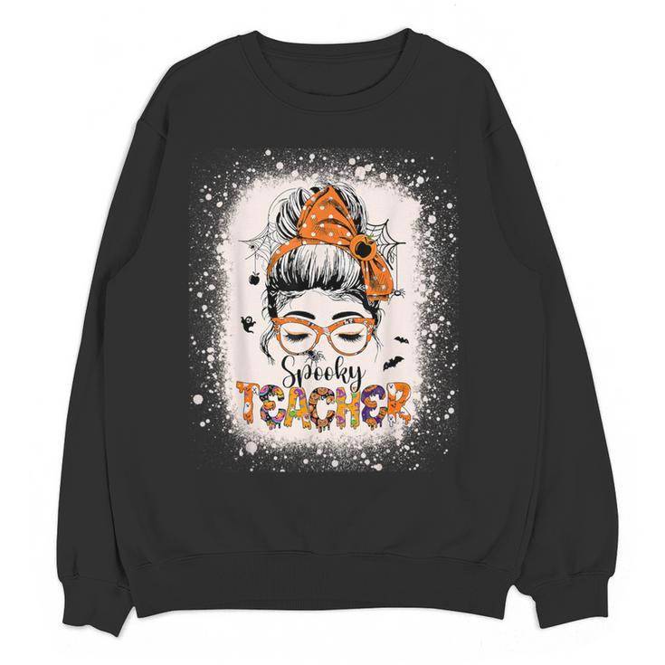 Messy Bun Spooky Teacher Bleached Halloween Teachers Women Crewneck Sweatshirt, novelty gifts, funny gifts