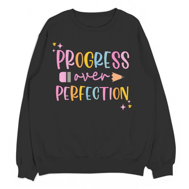 Motivational Progress Over Perfection Back To School Teacher Women Crewneck Sweatshirt, novelty gifts, funny gifts