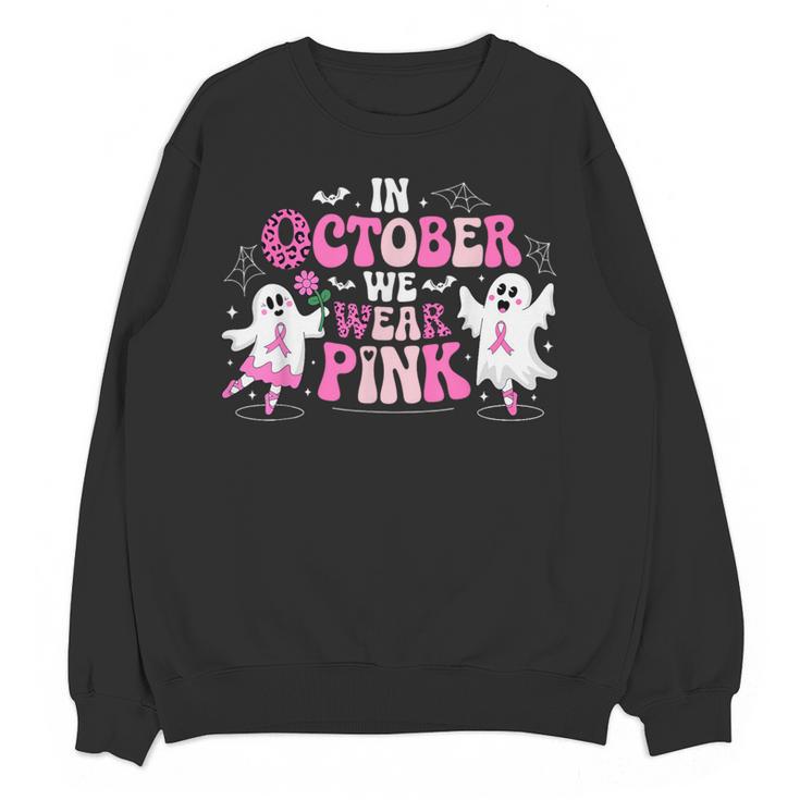 In October We Wear Pink Ballet Ghost Teacher Breast Cancer Women Crewneck Sweatshirt, novelty gifts, funny gifts In October We Wear Pink Ballet Ghost Teacher Breast Cancer Women Crewneck Sweatshirt, novelty gifts, funny gifts