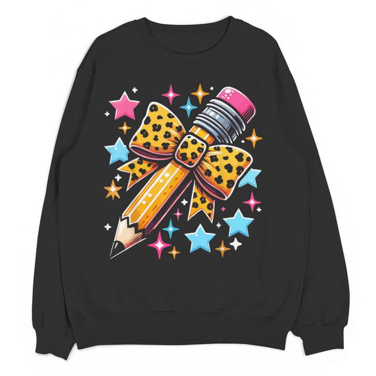Pencil Leopard Coquette Bow Teacher Life Back To School Women Crewneck Sweatshirt, novelty gifts, funny gifts