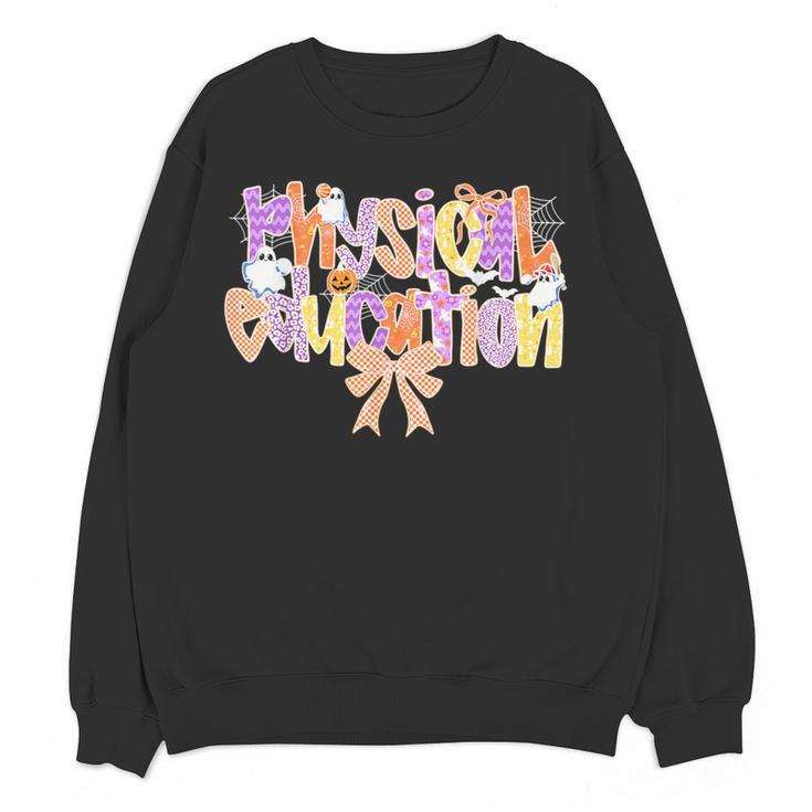 Physical Education Halloween Bow Checkered Teacher Ghost PE Women Crewneck Sweatshirt, novelty gifts, funny gifts